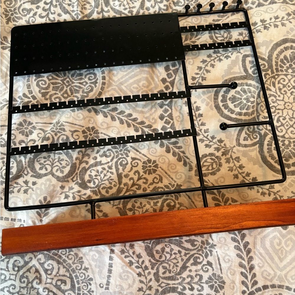 Black Metal Jewelry Organizer with Wooden Base